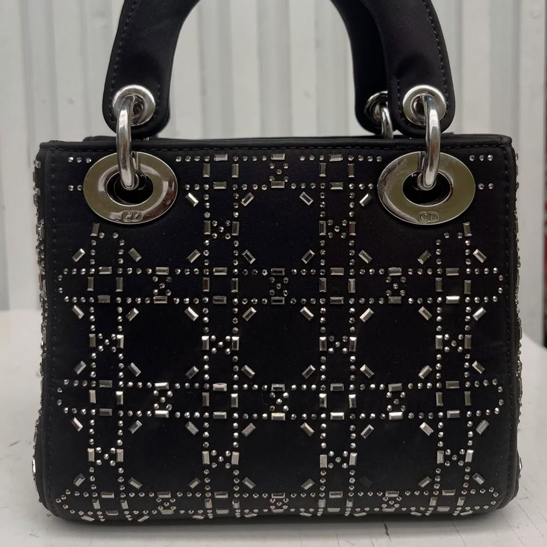 Christian Dior Mini Lady Dior Studded Cannage Satin Tote Bag Black