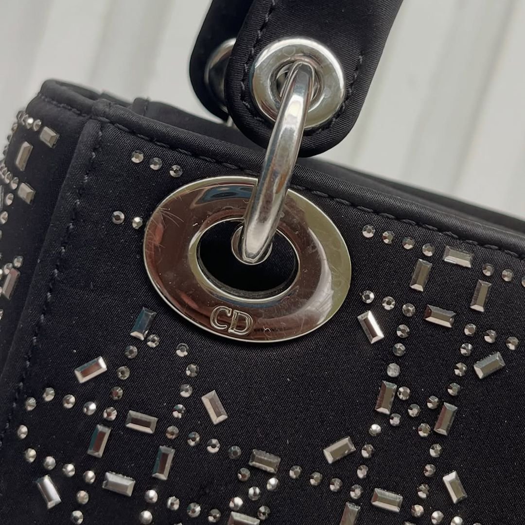 Christian Dior Mini Lady Dior Studded Cannage Satin Tote Bag Black
